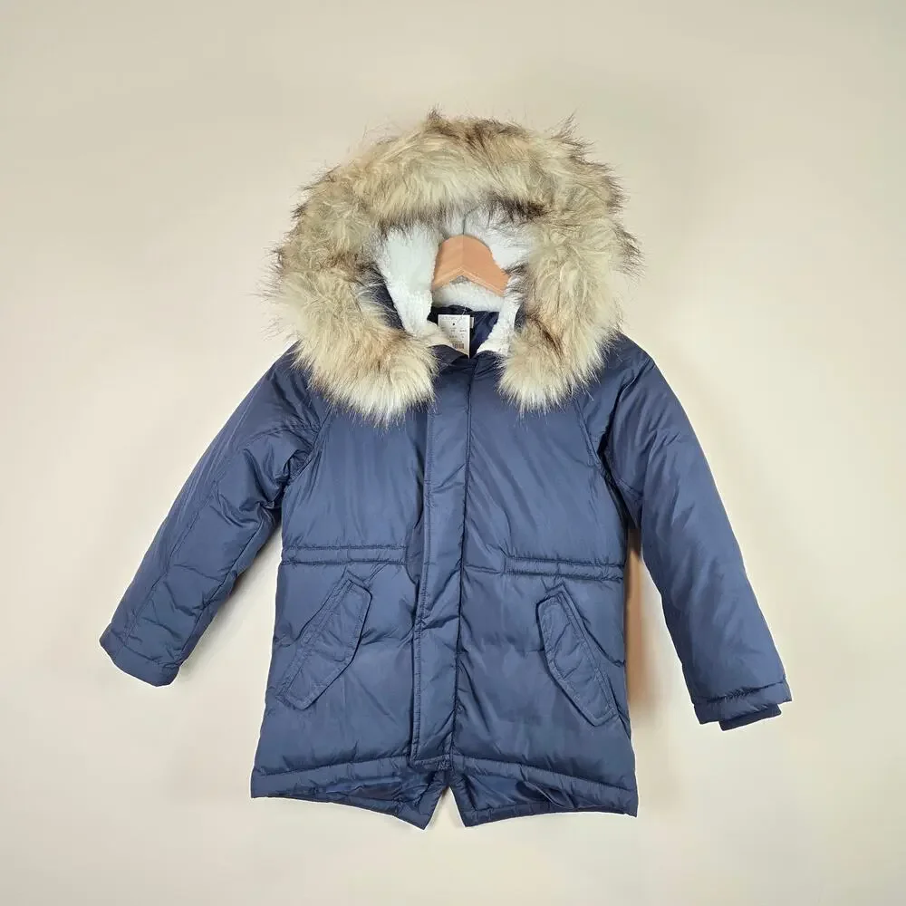 J.Crew Crewcuts Kids Fishtail Parka Size S/6 Navy Blue Faux Fur Winter Coat Hood